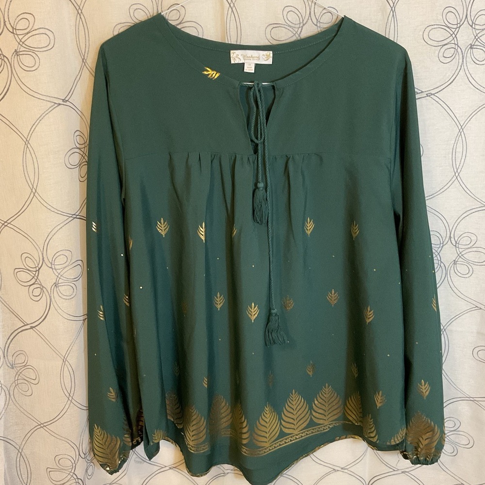 Women's Weekend Hunter Green Gold Leaf Print Top Long Sleeve Size 1X